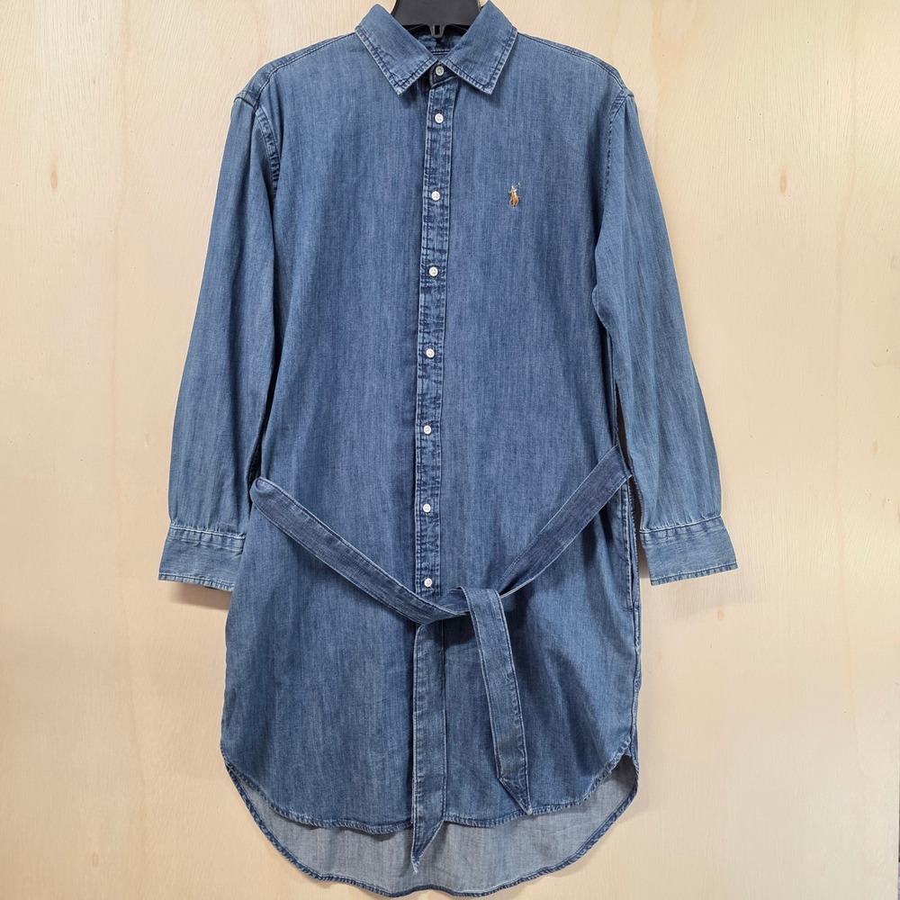 Polo Ralph Lauren Denim Shirt Dress Blue Belted Long Sleeve Midi Size 4 - Picture 12 of 14